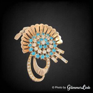 Vintage Anthony Aqua Blue & Clear Rhinestone Fan Spray Gold Tone Brooch